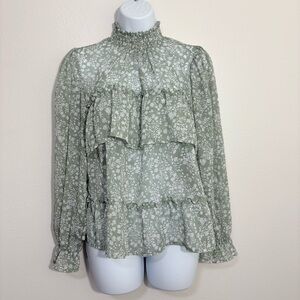 Rabbit Rose Sage Floral Puff Sleeve Blouse Smocked Mock Neck Tiered Ruffle Body
